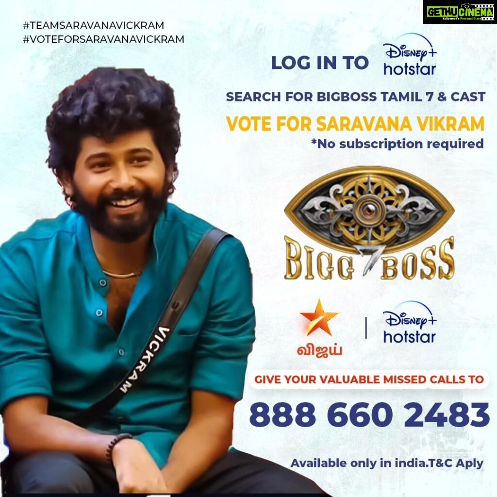 Saravana Vickram Instagram - Every Vote Matters..! To Vote Saravana Vickram 👉Login to @disneyplushotstartamil app (No Subscription Required) 👉Search for BIGG BOSS TAMIL 7 👉Tap on VOTE 👉Cast Ur Vote for #SaravanaVickram 👉Tap on Done & Give a Missed Call to 08886602483 (No Charges Applied) #Voteforsaravanavickram #votesaravanavickram #bbvotes #bb7voting #standwithsaravanavickram #Supportsaravanavickram #Teamsaravanavickram #biggboss7tamil #biggboss7 #bb7