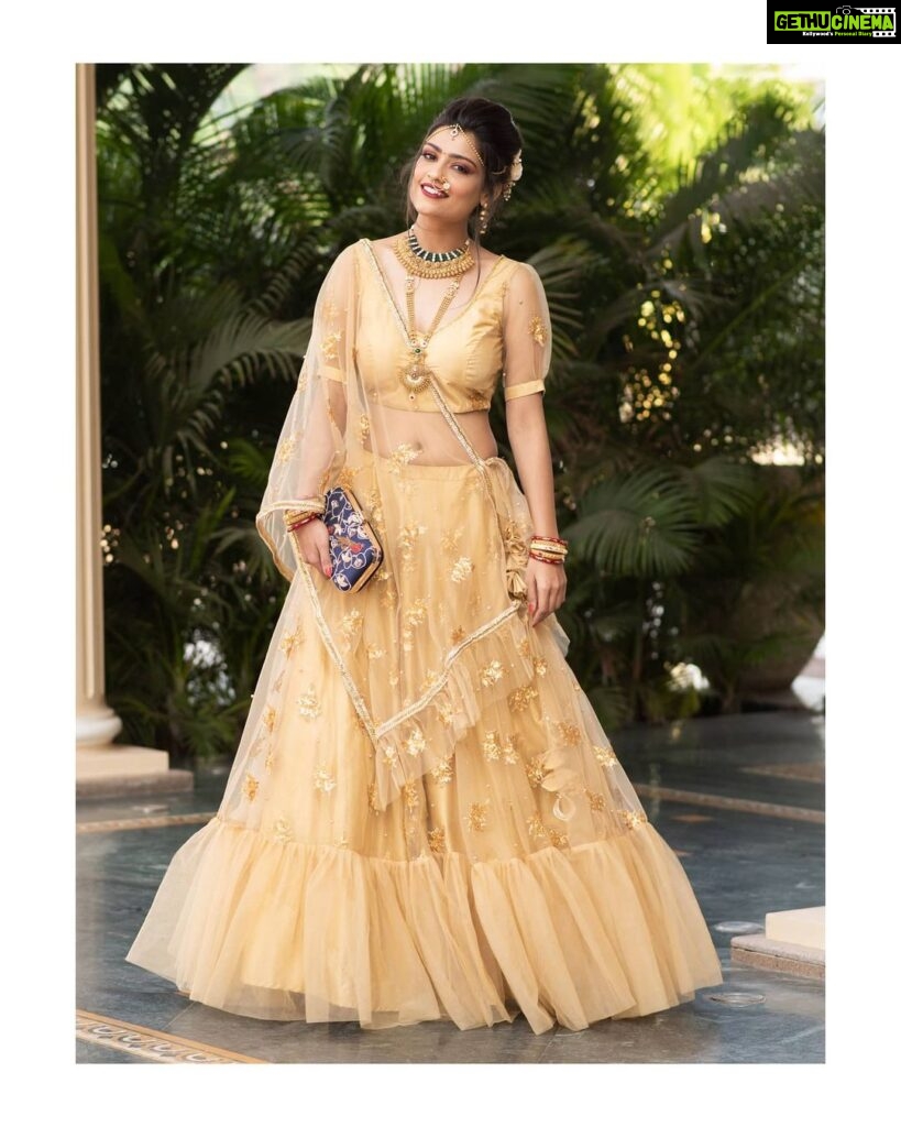 Sharvary Joshi Instagram - "Beauty is truth's smile when she beholds her own face in a perfect mirror." - Rabindranath Tagore ⚜️For this look⚜️ Contact 8469077744 Size: 34 - 36 - 38 Designed by @archana.makwana for @houseofarchana In frame: of course @sharvaryjoshi Photography by: @virag9468 for @_a.vphotography_ Jewellery Courtesy: @skgoldjewels Mua: @zeba_khan_vohra for @the_face_studio_vadodara Venue Courtesy: @shaktigreens #golden #gown #weddingcollection #embroidered #modeling #model #photoshoot #actress #gujarat #vadodara #ahmedabad #slaying #jewelry #pose #sharvaryjoshi #actor #fashionphotoshoot #fashionphotography #fashiontrends2020 #weddingfestive2020 #ethnic #indianmodel #indianfashion #goldjewelry #indianstyle #lehenga #goldlehenga #winelips #bridesquad #bride