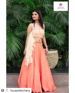 Sharvary Joshi Instagram - #Repost @houseofarchana (@get_repost)
・・・
Gorgeous Actress @sharvaryjoshi Slaying in our peach barfi silk chaniya with Kundan work motif & draped one sided blouse from our Pocket Friendly Festive Wedding collection 2020. 
Peach zardosi embroidered clutch from @archanasfashionhouse 
Contact 8469077744 to buy it.
Designed by @archana.makwana 
In frame:- @sharvaryjoshi 
Photography by @_a.vphotography_ 
Jewellery courtesy @skgoldjewels 
Mua @zeba_khan_vohra  for @the_face_studio_vadodara 
Venue courtesy @shaktigreens #weddingfestive2020 #weddingcollection2020 #houseofarchana #archanasfashionhouse #vadodarafashiondesigner #designeroutfits #drapedblouse #indowesternwear #stylishindianoutfits #indianweddingwear #festivecollection2020 #trends2020 #fashiontrends2020