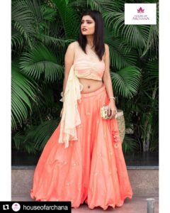Sharvary Joshi Instagram - #Repost @houseofarchana (@get_repost)
・・・
Introducing Pocket Friendly Festive Wedding wear !! Be stylish in this barfi silk chaniya with Kundan work motif. Teamed with one side shoulder draped net blouse. 
Cream zardosi embroidered clutch @archanasfashionhouse 
Contact 8469077744 to buy it.
Designed by @archana.makwana 
In frame:- @sharvaryjoshi 
Photography by @_a.vphotography_ 
Jewellery courtesy @skgoldjewels 
Mua @zeba_khan_vohra  for @the_face_studio_vadodara 
Venue courtesy @shaktigreens #weddingfestive2020 #weddingcollection2020 #houseofarchana #archanasfashionhouse #vadodarafashiondesigner #designeroutfits #drapedblouse #indowesternwear #stylishindianoutfits #indianweddingwear #festivecollection2020 #trends2020 #fashiontrends2020