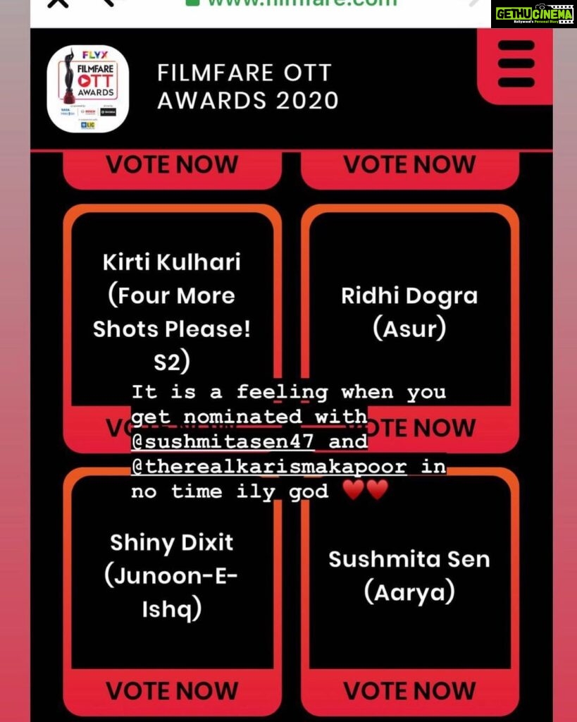 Shiny Dixit Instagram - memories like this when my character got nominated for filmfare ott (over the top ) platforms in nominations @sushmitasen47 ma'am 2020 🥳🥳 grateful to god ❤️😇❤️😇