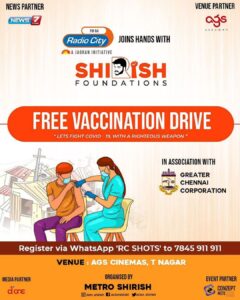 Shirish Sharavanan Instagram - இன்று புதிய பயணமாக…
பத்திரிகையாளர்கள் மற்றும் பொதுமக்களுக்கு இலவச தடுப்பூசி... இதை இங்கே தெரியப்படுத்துவதில் மிகுந்த மகிழ்ச்சி அடைகிறேன்!

இந்த பயணத்திற்கு உறுதுணையாக இருக்கும் @chennaicorp @radiocityindia @news7tamil @agscinemas @conzeptnoteoff @donechannel1  அனைவருக்கும் என் மனமார்ந்த நன்றி. 

#GetVaccinated 
#MetroShirish #freevaccinationdrive