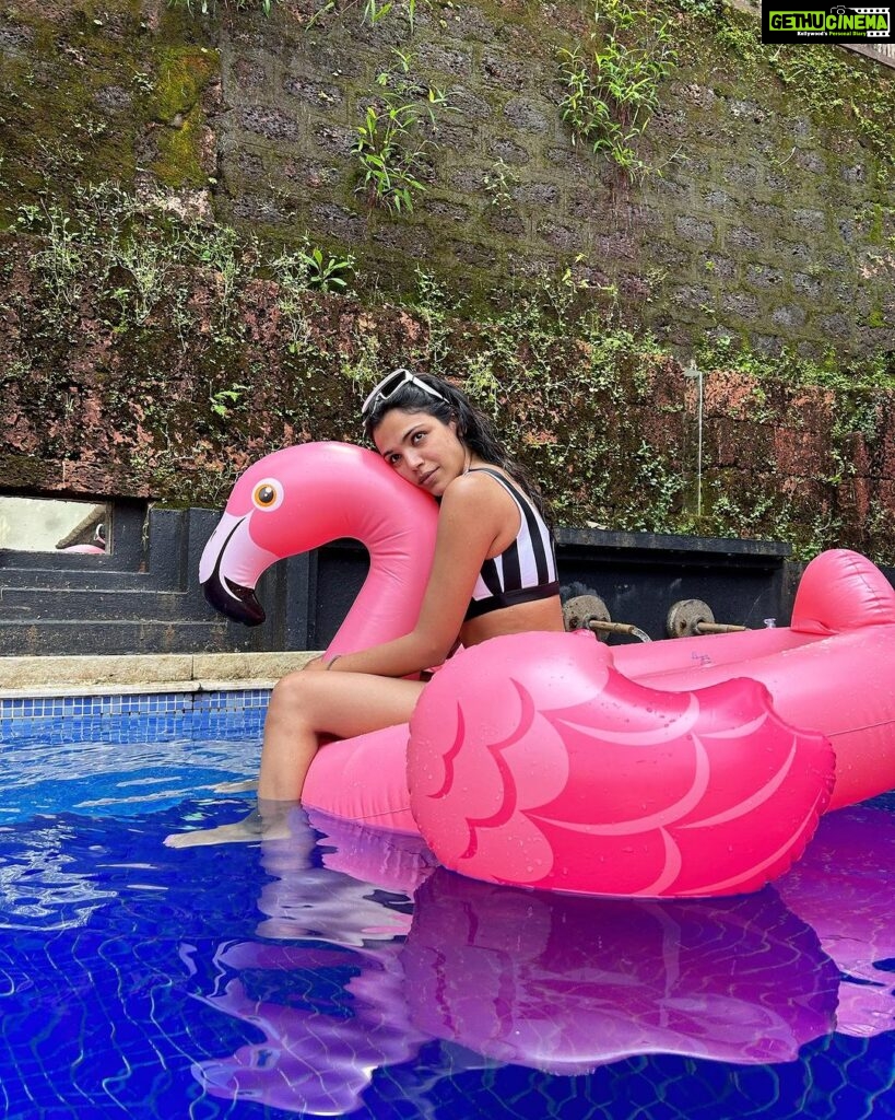 Shriya Pilgaonkar Instagram - Floating through life, emotionally attached to my flamingo friend. 🦩💕 #FlamingoFeelings #Birdsongmoira #goa #Theatreweekend 👙 @angelcroshet_swimwear Birdsong, Moira, Goa