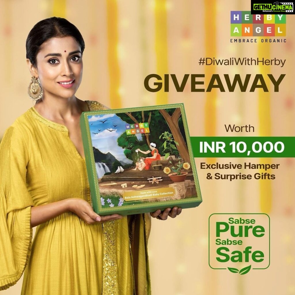 Shriya Saran Instagram - 🎉GIVEAWAY ALERT 🎉 Get ready to celebrate your Diwali with Herby Angel!🪔❤️ ✨Participate in 4 simple steps: 1. Like this Post 2. Follow @herbyangelofficial 3. Post a story mentioning @herbyangelofficial 4. Tag your 2 friends in the comment section. 3 lucky winners will be announced on 6th November, and they will receive a luxurious Herby Angel Gift Box and surprise gifts worth ₹10,000, filled with wholesome treasures and surprises. 10 lucky winners will also receive exclusive discount coupon codes. . . #HerbyAngelGiveaway #NaturalGoodness #HerbalTreasures #naturegoodness #diwaligifting #giveawaygifts