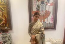 Shriya Saran Instagram - Happy Diwali Blouse @sithara_kudige ( gorgeous George ours ) Saree @vrk_heritage ( stunning saree ) MIL @rajattangriofficial ( you made this for her for my wedding , thank you ! Priceless ) Andrei is wearing gift from my mom ( you better like it ) Radha ( my princess ) @panchhi_bykanupriya ( she looked like a fairy , thank you )