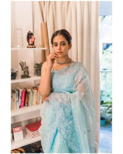 Shruthi Prakash Instagram - Intention over attention ..👼

Wearing @urban_closet_ethnic 
Mua @glamoversbysakina 
Pc @motaabhaai 

#shrutiprakash #pose #picture #saree #blue #eyes #bliss #peace #content #fashion #ethnic