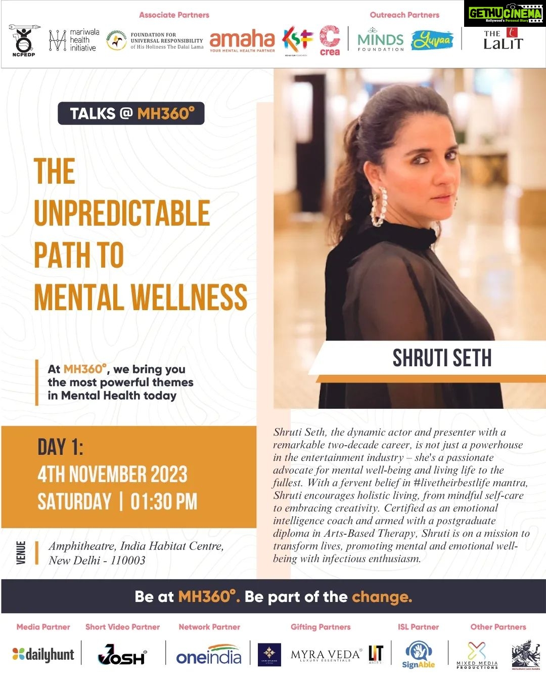 Shruti Seth Instagram - At MH360° join well known actor Shruti Seth as she talks about her journey from the reel to the very real world of life coaching, sharing the remarkable shift in her paradigms of success and happiness along with crucial tips about navigating life’s twists and turns in her session titled 'The Unpredictable Path to Mental Wellness!' Happening at the Amphitheatre, India Habitat Centre on 4th November, Saturday at 1:30 pm! Secure your spot via registration link in bio🕺🎭✨ Support the festival so it reaches all those who need to hear these conversations and those who need to experience different healing modalities- Ketto link in bio #MH360Returns #ExploreYourExistence #mh360 #thereddoorproject #mentalhealthfestival #mentalhealth #mentalhealthindia #communitysupport #mentalhealthawareness #shrutiseth #mindfulness #lifecoach #artsbasedtherapy