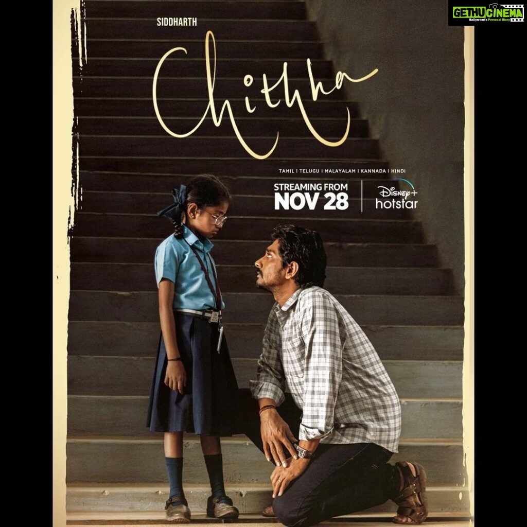 Siddharth Instagram - #CHITHHA on HOTSTAR We are thrilled to announce that your much loved and celebrated "FILM OF THE YEAR" SU Arun Kumar's #CHITHHA will be streaming on @disneyplushotstar from November 28th. We hope you will continue to show us your support and will help spread the word about this picture we are so proud to present. From the entire Cast and Crew of CHITHHA, thank you and see you soon on #HOTSTAR from Nov 28. ❤️ #CHITHHA #CHINNA #CHITTA #CHIKKU An SU Arun Kumar picture 🙏🏽 An @etakientertainment Production 🙌🏽 TAMIL. TELUGU. MALAYALAM. KANNADA. @nimisha_sajayan @balaji.subramanyam @sahasraofficially @dhibuninanthomas @composer_vishal #chithhaonhotstar