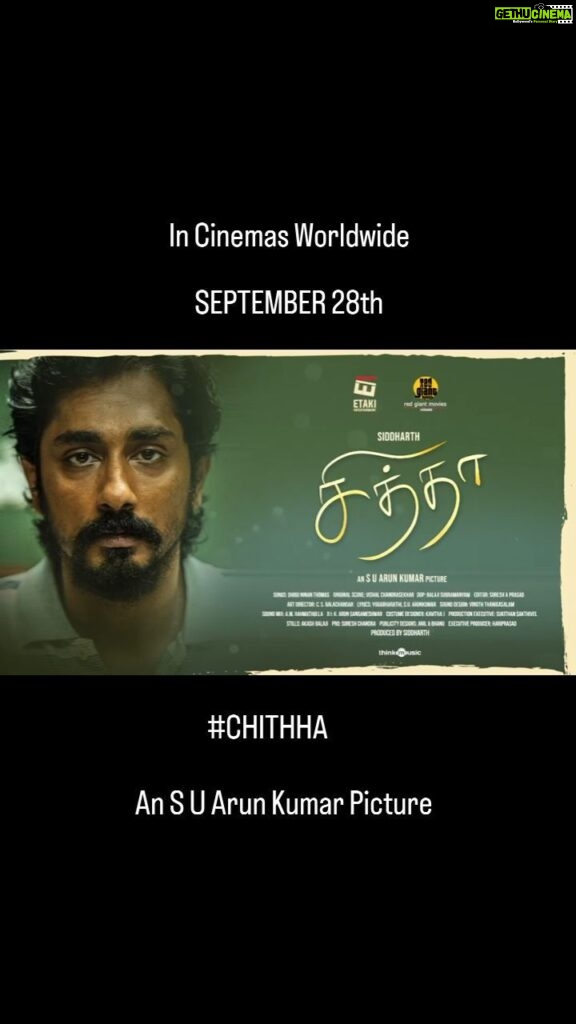 Siddharth Instagram - #CHITHHA ❤ SEPTEMBER 28 Worldwide A Red Giant Movies Release @redgiantmovies_ Tamil Telugu Kannada Malayalam