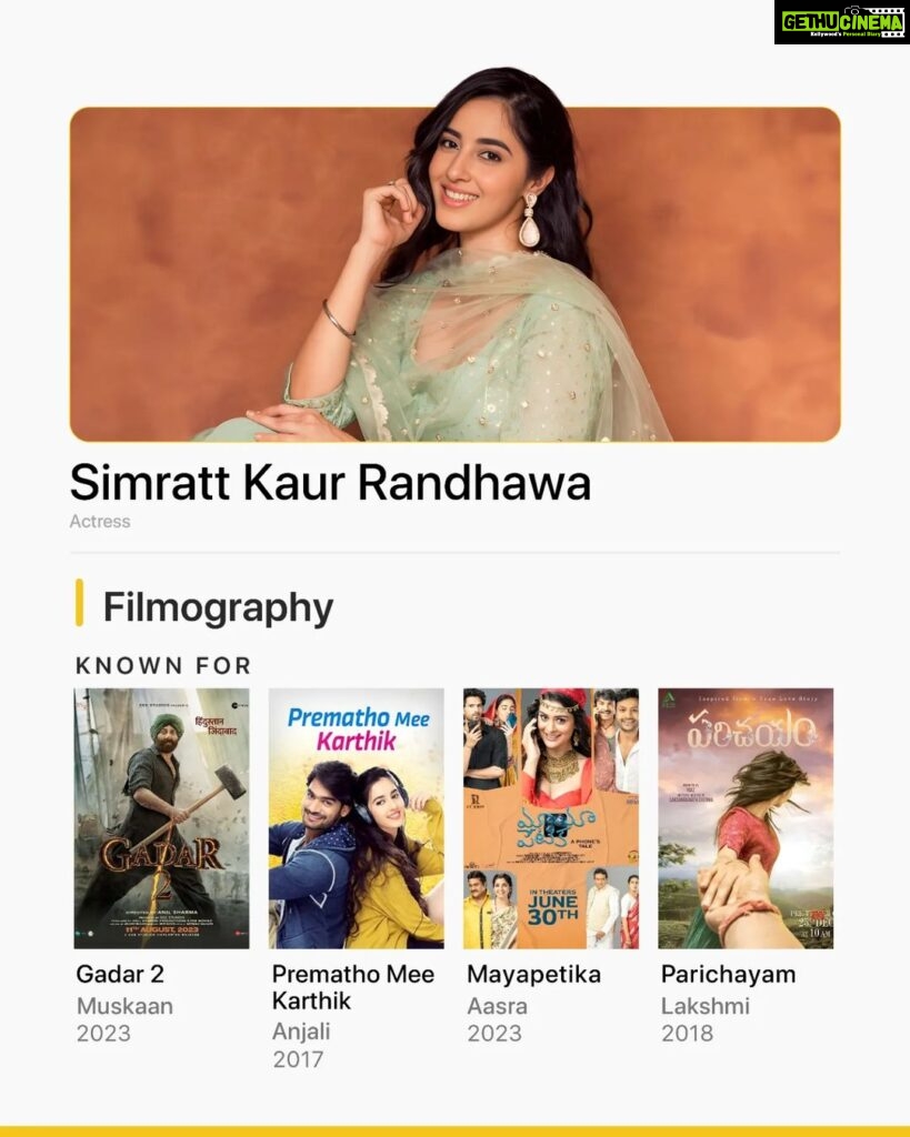 Simrat Kaur Instagram - Give your watchlist a makeover with @simratkaur_16's filmography and keep the spirit of your exploration soaring with our 'Known For' 💛 Which is your favourite character played by her? 🎬: Gadar 2 | Zee5 Prematho Mee Kathik | Prime Video Mayapetika | aha Parichayam | Eros Now