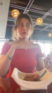 Sneha Ullal Instagram - Just when I try to eat gracefully in a red dress,the food’s heat turns me into an emoji😮😲😮‍💨 #snehaullal #foodstagram #keepitreal