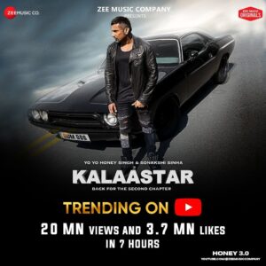 Sonakshi Sinha Instagram - With a whopping 20 Million Views and 3.7 Million Likes in just 7 hours, #Kalaastar ft. #YoYoHoneySingh and #AsliSona from #Honey3.0 is trending at #1 on #YouTube🔥🎶

#ZeeMusicOriginals @yoyohoneysingh @aslisona @rdmmedia @bass.yogi @ronyajnali @gill_machhrai @jonas.s.beck @itsrdm @yyhitro28 @indo662 @anuragbedii @frogalisedproductions