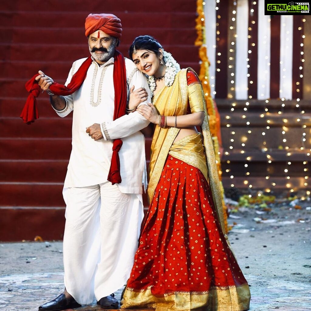 Sreeleela Instagram - HAPPY DUSSHERA from chicha and vijji papa ✨ On this auspicious day of how good wins over evil Witness this thrill in your nearest theatre 🔥 If you watched #bhagavanthkesari You’re relating each picture to the scene you saw Loads of love -Your vijji papa