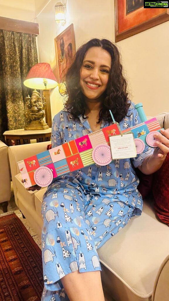 Swara Bhaskar Instagram - They say happiness shared is doubled! So obviously we wanted to share our unbounded joy at the arrival of our little one and our most obvious choice was #Izzhaar Thank you so much @izzhaar_junior @izzhaar_coredesigns for giving life and taste to our happiness 💜💜🥳🥳💕💕🤗🤗🙏🏽🙏🏽 Our very own train load of joy! (Special shout out for the yummy goodies from #IzzhaarGourmet #izzhaar #swarabhasker #swarabhaskar #babyannouncement #babygift #babygiftideas #raabiyaa #swarabhaskerfanclub #congrats #blessed #newparents #luxury #luxurygifting #newparent #babyannouncementideas #izzhaarjunior