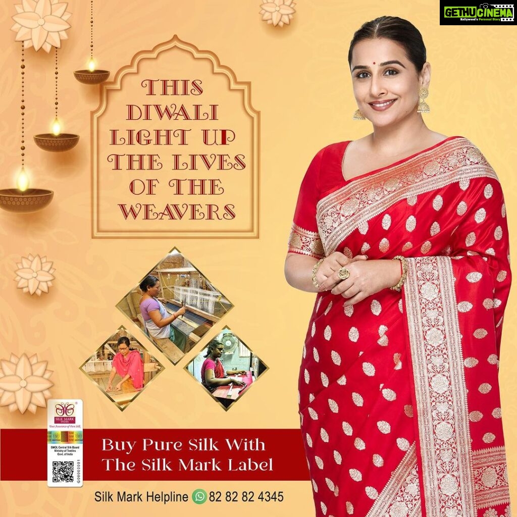 Vidya Balan Instagram - Silk Mark from the Government of India is the only assurance of pure silk. Whenever you buy silk, ensure it carries the Silk Mark Label. Buy pure silk. Celebrate a joyful Diwali @texminindia @silkmarkindia