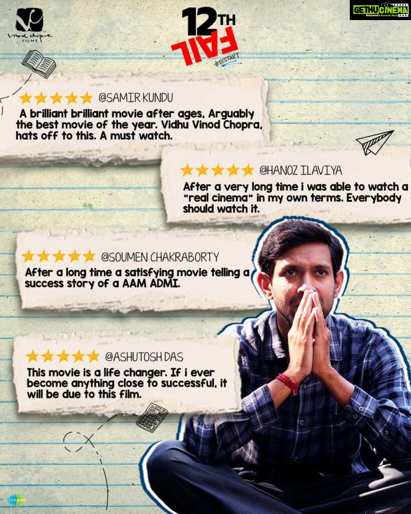 Vikrant Massey Instagram - 12th Fail tops the class while winning people's hearts! 🎓❤️ #12thFail is in cinemas – book your tickets today! 🌟 (Link in bio) #ZeroSeKarRestart Watch #12thFail IN CINEMAS ONLY, a film inspired by a million true stories. 🌟🎥 @vidhuvinodchoprafilms @zeestudiosofficial @medhashankr @anantvjoshi @anshumaan_pushkar #VikasDivyakirti @arsgeeta @itsharishkhanna @priyanshuchatterjee @moitrashantanu @swanandkirkire @saregama_official @krgstudios