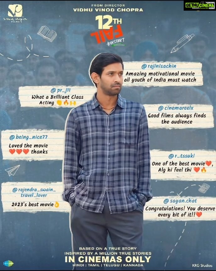 Vikrant Massey Instagram - 12th Fail is scoring top marks in the class and hearts of the audience! 🎓❤️ Book your tickets today! 🌟 (Link in bio) #ZeroSeKarRestart Watch #12thFail IN CINEMAS ONLY, a film inspired by a million true stories. 🌟🎥 @vidhuvinodchoprafilms @zeestudiosofficial @medhashankr @anantvjoshi @anshumaan_pushkar #VikasDivyakirti @arsgeeta @itsharishkhanna @priyanshuchatterjee @moitrashantanu @swanandkirkire @saregama_official @krgstudios