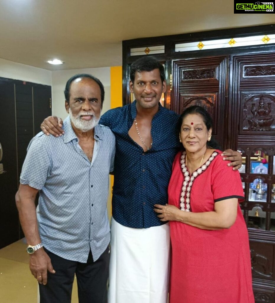 Vishal Instagram - And finally I got to meet my parents on my birthday after attending all the other programs since morning. Usually it's the opposite but I am glad I met my parents & my son August on my birthday. Back to more activities lined up. With my parents blessings, I have come a full circle this birthday. Thanking one and all for your lovely wishes, I sincerely thank each & every volunteer of #MakkalNalaIyakam & #DeviTrust for all the activities conducted all over India today. My sincere gratitude to the core, GB