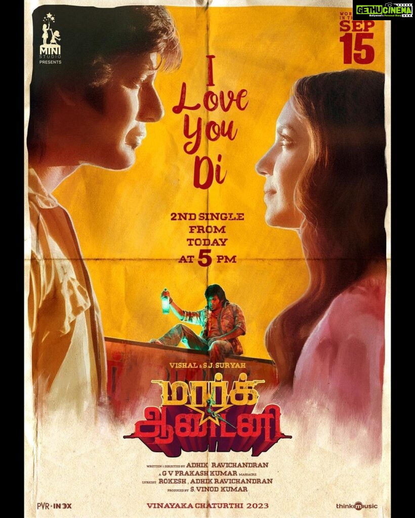 Vishal Instagram - #MarkAntonySecondSingle - I Love U Di (Tamil) & I Love U Ne (Telugu) - from Today @ 5 PM & 6 PM respectively #ILoveUDi #ILoveUNe #MarkAntony #MarkAntonyFromSep15