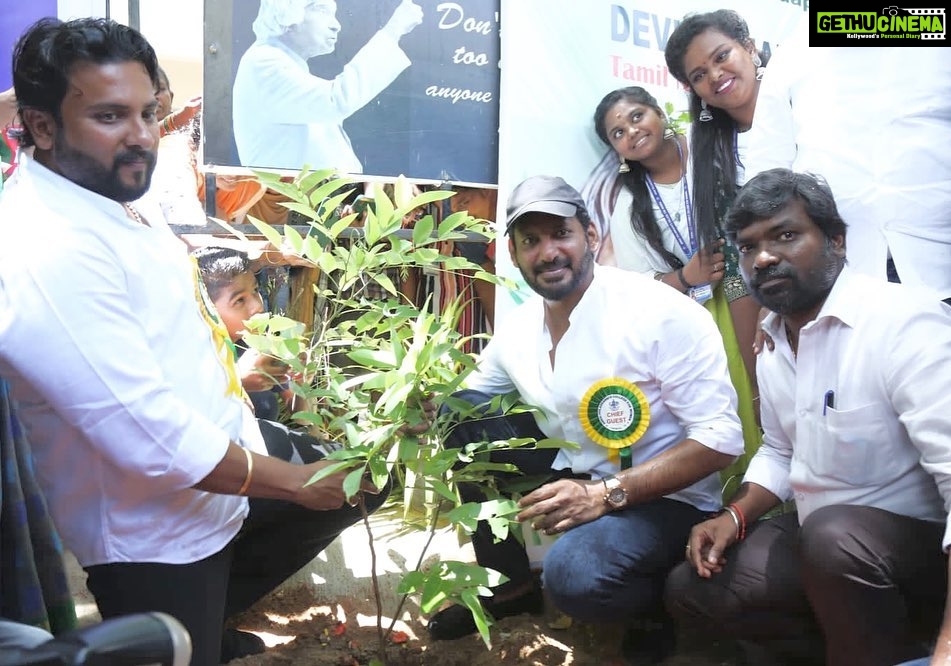 Vishal Instagram - On behalf of #APJAbdulKalam Ayya’s remembrance anniversary we planted saplings in Annai Velankanni College and also felt elated and happy to introduce a device invented by a young boy, Vijay Varma which is usable for Farmers to evade animals eating the crops and entering their fields. Nice to see budding talents doing something for farmers and not MNCs. Appreciate his effort and idea. Much needed for our society to acknowledge farmers by the youth. Hats off. GB