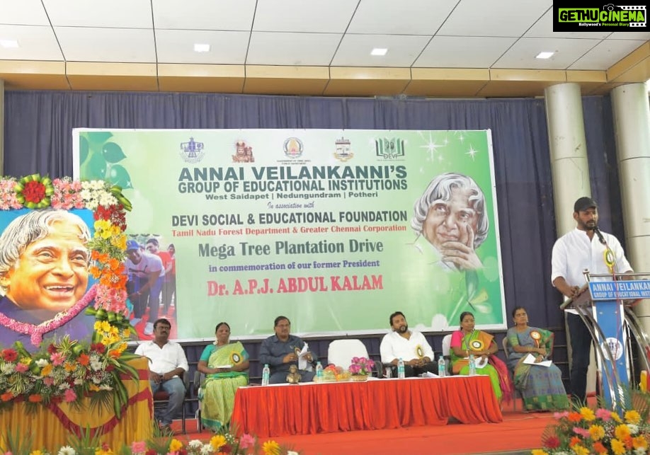 Vishal Instagram - On behalf of #APJAbdulKalam Ayya’s remembrance anniversary we planted saplings in Annai Velankanni College and also felt elated and happy to introduce a device invented by a young boy, Vijay Varma which is usable for Farmers to evade animals eating the crops and entering their fields. Nice to see budding talents doing something for farmers and not MNCs. Appreciate his effort and idea. Much needed for our society to acknowledge farmers by the youth. Hats off. GB