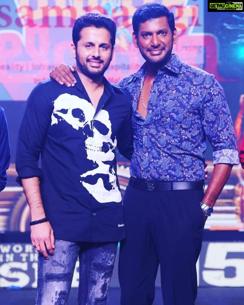 Vishal Instagram - Can’t Thank Enough Darling @actor_nithiin for being part of #MarkAntony Pre-Release event yesterday. Much Love, GB Welcome to the #WorldOfMarkAntony Styling - Manasa Subramani @stylebymanasa Make up - Nandu Hair - Lakshman