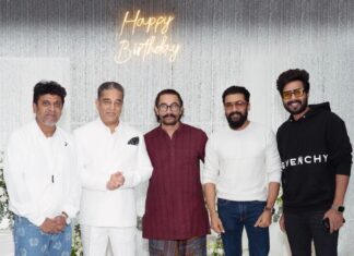 Vishnu Vishal Instagram - Celebrating the birthday of true icon #Ulaganayagan @ikamalhaasan sir! Your continuous contributions bring immense pride! It's an absolute honor to be a part of the celebrations with the one and only #AamirKhan sir, and to share this special day with actors like ever-charming @actorsuriya sir and Versatile actor @nimmashivarajkumar sir 😊🎉 #HappyBirthdayKamalHaasan #LegendsUnite #ThugLife #Indian2