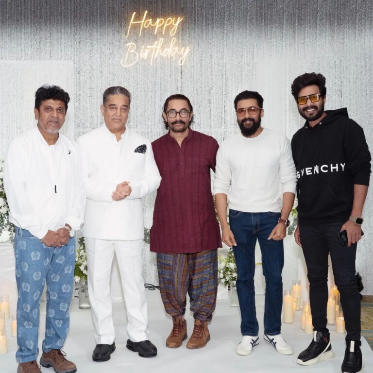 Vishnu Vishal Instagram - Celebrating the birthday of true icon #Ulaganayagan @ikamalhaasan sir! Your continuous contributions bring immense pride! It's an absolute honor to be a part of the celebrations with the one and only #AamirKhan sir, and to share this special day with actors like ever-charming @actorsuriya sir and Versatile actor @nimmashivarajkumar sir 😊🎉 #HappyBirthdayKamalHaasan #LegendsUnite #ThugLife #Indian2