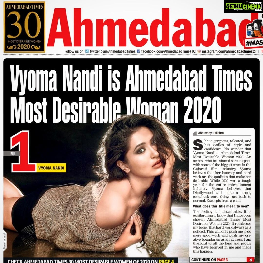 Vyoma Nandi Instagram - Okay so this happened again! 🤩 So humbled by this and thank you to everyone that’s showered love on me and made this happen. I promise to keep making ya’ll proud ♥️ #ahmedabadtimes #mostdesirablewoman #2020