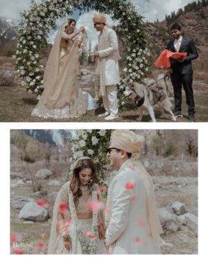 Aakriti Rana Instagram - #AakritiGetsAnchored 🥰
Under the beautiful open blue sky, amidst the mountains, surrounded by our friends and family, I walked with my brightest smile towards the moment we dreamed about together. 

Photography: @believecollective 
Our Outfits: @abhinavmishra_ 
Jewellery: @paisleypopshop 
Makeup and hair: @priyankaguptamakeupartist 

#aakritiandrohan #wedding #manali #happilyeverafter #mountainwedding #indianwedding #weddingphotography