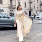 Aashna Shroff Instagram - a little saree moment from the streets of Milan 🤍 I’m wearing a beautiful ivory-cream draped saree from @zamoraathelabel, and I love the embellished blouse and how perfect and easy it is for this time of the year ✨ #ad