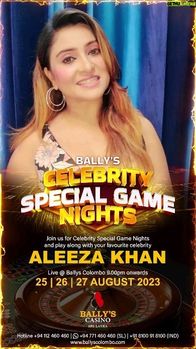 Aleeza Khan Instagram - Bally Celebrity Special Game Night !!! I invite ayou all to Come And Play With Me at Ballys Casino Colombo ,See you all Beautiful people , let's Celebrate this dazzling Night Together shoulder to shoulder and win together Mark the dates 25th August to 27th August 2023 @ballyscasinocolombo @ballysentertainment @rohit1949 #ballyscasino #colombo #srilanka #ballyentertainment #aleezakhan #gamenight #Celebritynight #fun #entertainment #winnings #celebration #happiness #travelling #blessed #alhumdullilah