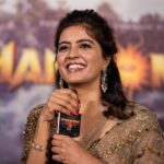 Amritha Aiyer Instagram - All Smiles and happiness loaded when it’s about HANUMAN!!! ☀️☀️☀️💥💥 #hanumanthemovie #hanuman #trailerlaunch 📸- @storiesbydeepu Outfit- @archana.karthick