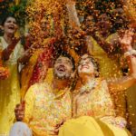 Amruta Deshmukh Instagram – Our future so bright 🌞 You gotta need shades 😎 
#HaldiScenes #Yellowजीसनमहमआगये 
Thank you @designer_kazbee for the brightest Haldi outfits!
•
📸 @surajpatel.in 
MUA: @swatighodke_mua_official 
Styled by: @tanmay_jangam 
Floral jewellery by: @floralart_byanushka Nature Fun Resort