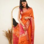 Ananthika Sanilkumar Instagram - 🧡✨ Beautiful saree from : @thenmozhidesigns Jewellery : @kanakadhara_jewellery Clutch : @bysrirang Makeup and Draping : @priyaprabu_artistry Pc : @p2click.in