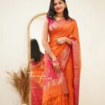 Ananthika Sanilkumar Instagram - 🧡✨ Beautiful saree from : @thenmozhidesigns Jewellery : @kanakadhara_jewellery Clutch : @bysrirang Makeup and Draping : @priyaprabu_artistry Pc : @p2click.in