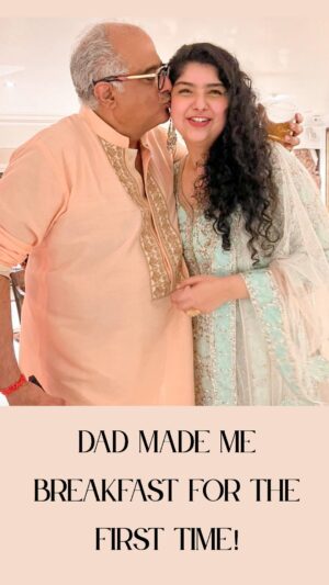 Anshula Kapoor Instagram - My favorite memory from london: Dad cooked for me for the first time, and hands down, this was my favorite meal in the city. Can’t beat love 🤍

It only took me 32 years to find out that @boney.kapoor makes the best cheesy scramble eggs, period. 🫶🏽