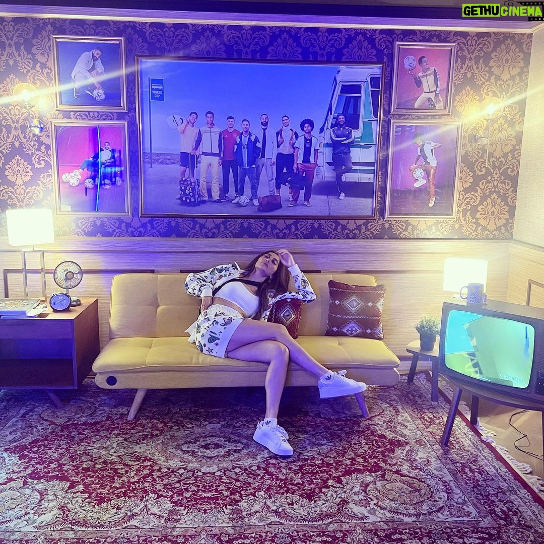 Anusha Dandekar Instagram - If you can’t be at the match live, the couch is the next best seat in the house… luckily I was just posing before I got to the stadium in Qatar! Sooo good! Grateful.☺️ @adidasindia #impossibleisnothing 🤍
