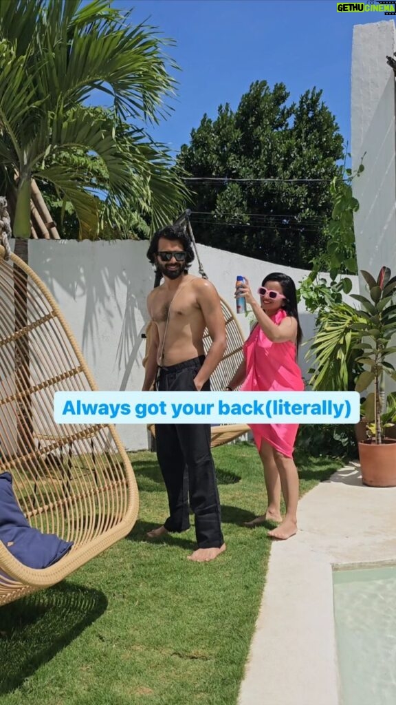 Bhavini Purohit Instagram - Always got your back, literally! 😂 Well, it's sunny & we both help each other in applying sunscreen because Why not? 🫠 . Location- @balimakaii . Tag a person who puts lot of sunscreen😝 . #influencer #couplegoals #travel #bali #travelgram #trend #sun #couple #vacation #bhavinipurohit