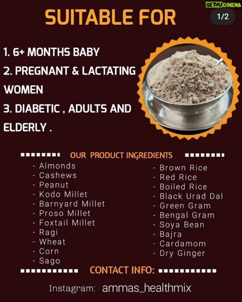 Chitra Instagram - http://www.instagram.com/ammas_healthmix @ammas_healthmix ✔Nutritionist approved. ✔Zero preservatives and sugar. ✔High quality products. ✔Organic pesticide free products only. ✔Suitable for even 6months plus babies.. Commercially popular health mixes use 85 percent ragi to bulk up their product. Ammas_healthmix priortizes high quality ingredients and uses correct proportions. All dry fruits are sourced from most famous retailers for dry fruits only. Made to order.. Available throughout the country.