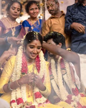 Deepika Venkatachalam Instagram - And then, this magic happened through the golden hour, amidst the sounds of our traditional nadaswaram and parai, with colourful ribbons flying all over us & the breeze causally hitting our faces! 

We knew we were being blessed by our favourite gods when we tied the knot whilst finding our homes in each other's eyes! :’) 🫶🏼 

#RnD #RnDWedding 
#JustMarried #RVPxDeeps #OurFairyTale 
.
📸 @sakshi.ramakrishnan 
Decor @vizhamedai 
Makeup @snehamnj 
Styling @stylingbysamiha 
Jewellery @quillsspills