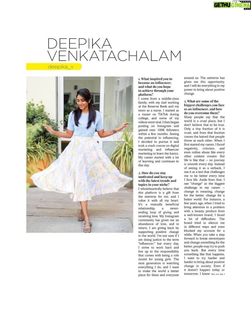 Deepika Venkatachalam Instagram - Check out the latest article on the charming and exquisite Deepika Venkatachalam, a social media influencer and actress mainly known for her tremendous work in Kanaa Kaanum Kaalangal and social campaigns like “CookforCovid” and “itsOkayGirl” in the May edition of the magazine!! #ProvokeLifestyle #provokemagazine #stayprovoked #chennai #instagood #instagram #instafashion #instadaily #movie #celebrity #trending #deepikavenkatachalam #influencer #model #actress #muser #may2023
