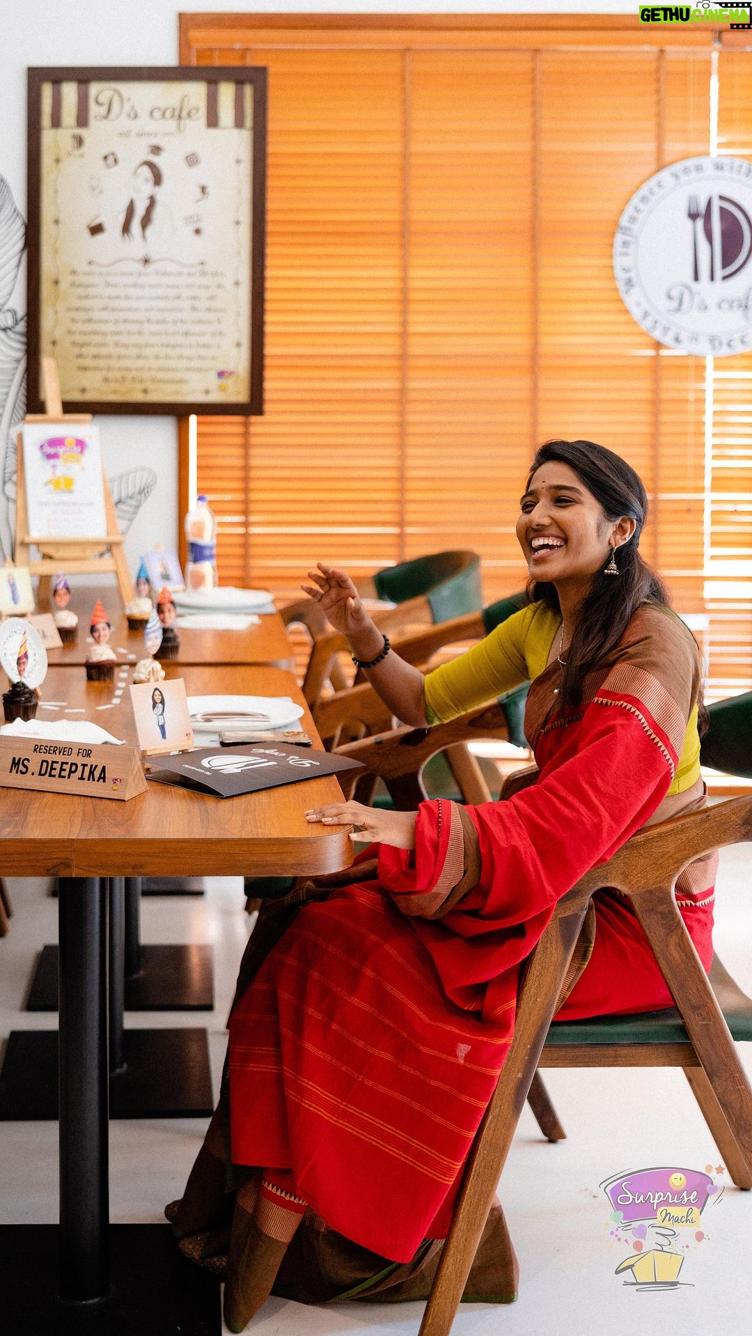 Deepika Venkatachalam Instagram - We came up with this new idea of creating a complete cafe just for @deepika_v__ ❤️ From menu card, water bottle to parking slot, music, everything was customised just for her! The moment @deepika_v__ entered, she knew something special was planned exclusively for her😍 We loved creating this moment for her and her expressions made our day❤️ It has always been amazing to make you smile @deepika_v__ Thank you @themayflowerchennai for providing us with your space for us to execute our surprise! How do you like our #newsurpriseoftheweek? #surprisemach #deepu #surprisemachifamily #deepika #birthdaysurprise #belatedbirthdaycelebration #chennaiinfluencer #deepu #contentcreator #kanakaanumkaalangal #kkkabi #vijaytv #vijaytvshow #surprisemachi❤️ #surpriseplanner #surpriseplannerchennai #chennaisurpriseplanner #surpriseideas #birthday #themedcafe #surprisebirthday #surprises #surprised #uniquesurprises #uniquesurprisegifts #birthdaygirl #happybirthday #birthdaysurprise The Mayflower