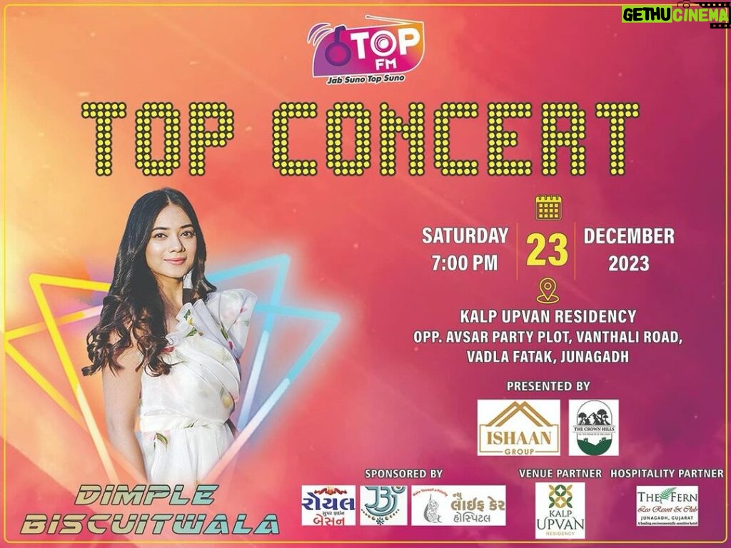 Dimple Biscuitwala Instagram - CONCERT ALERT🚨🤩 Get Ready Junagadh✨ Top FM’s Musical Extravaganza 💫 coming to your city Unleash the Rhythm, Embrace the Vibes! 🎶 . Mark the date ! 23rd DECEMBER ❤️ . #Topconcert #JunagadhConcert #dimplebiscuitwalalive #topfmstation #concertnight #getreadyjunagadh