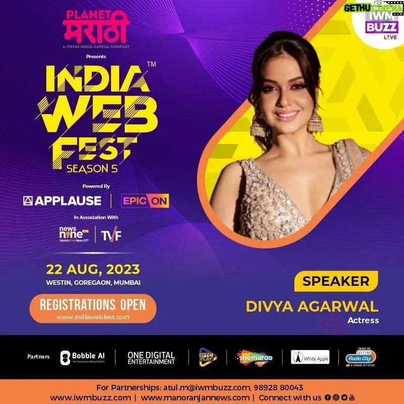 Divya Agarwal Instagram - Glad To Welcome Divya Agarwal As Speaker At India Web Fest Season 5, India's Biggest OTT & Web Entertainment Conclave Register Now at: www.indiawebfest.com Title Partner: @planetmarathiott Co-Powered By: @applausesocial @theepicon Association Partners: @news9live @theviralfever Partners: @bobblekeyboard @onedigitalentertainment @ptcplayofficial @whiteapplellp @radiocityindia @shemaroome An initiative by #IWMBuzzLive #IndiaWebFest #OTT