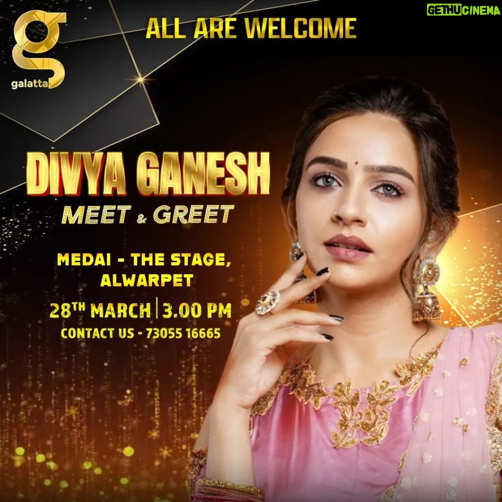 Divya Ganesh Instagram - Hello Makkaley, Here's your chance to meet your favorite actress #DivyaGanesh at #Galatta's meet & greet event 🥳 📍- Medai-The stage, Alwarpet. 📆- 28.03.2023 🕒- 3 PM 📲- 7305516665 @divya_ganesh_official #MeetAndGreet