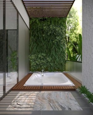 Gauri Khan Instagram - By Using green in the right ways you may bring feelings of peace and growth ..here are some of the effects… #plants #planters #wallpaper #bathroom #beachhouse #gaurikhandesigns