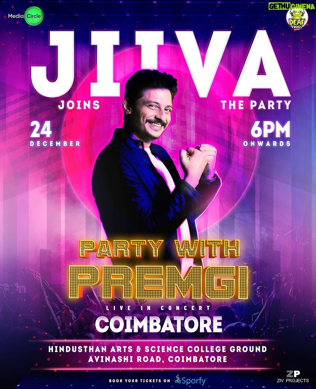 Jiiva Instagram - Hi !! Coimbatore I’m Super excited to join the PARTY WITH PREMGI LIVE IN COIMBATORE Ft @premgi and his Band can’t wait to see u all there on 24th December #LetsParty #DeafFrogs @mediacircleindia @zivprojectsofficial