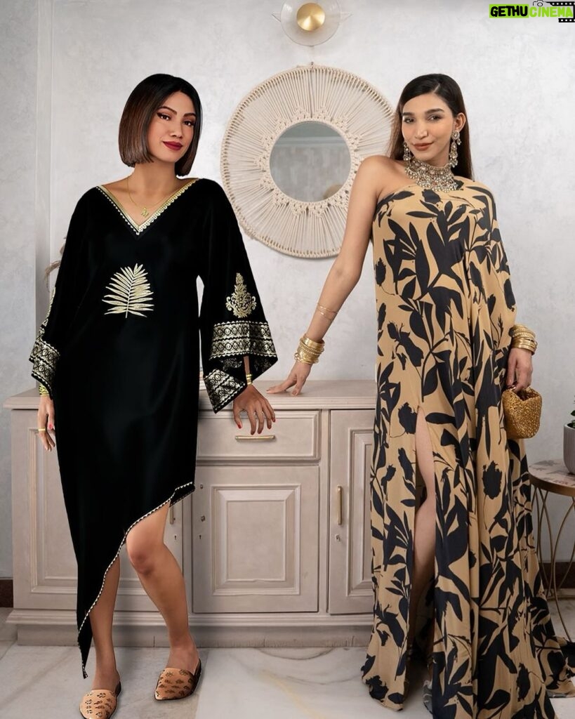 Juhi Godambe Instagram - @maya_unlimited and I are bringing in the Diwali vibe early! It is an illuminated fashion celebration for sure. I love how amazing the @houseofmasaba Black and gold-toned Floral Embroidered Crepe Ethnic Kaftan Midi Dress looks on her! It is perfect to ring in the festivities. Find her look on Myntra with product ID - 16824808 #Myntra #MayaForMyntra #ad #PaidPartnership