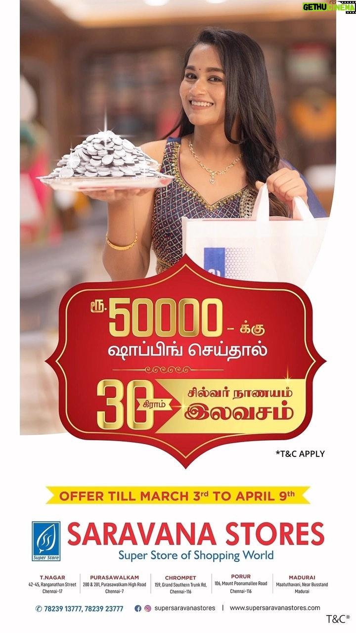 Kaavya Arivumani Instagram - Are wedding bells ringing in your home soon? Wondering how to shop for quality products at affordable prices without any stress? Worry not! Super Saravana Stores, India’s biggest wedding shopping destination, is here to make your bridal dreams come true! To make your wedding even more special, they’ve got a spectacular offer just for you! Shop for more than 50,000 rupees and get 30 grams worth of silver coins for free today. So, what are you waiting for? #wedding #weddingsarees #weddingsaree #bridallehengas #weddingseason #bridalstyle #bridaltrends #indianbride #tamilbride #modernbride #bridalwear #bridal #bridalsuits #embroidery #fashion #womenswear #menswear #womensfashion #kidswear #2023 #sale #collections #festiveseason @supersaravanastores @superjewelleryindia